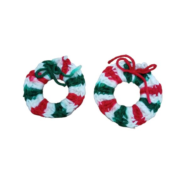 Vintage Handmade Primitive Christmas Ornaments Set Crochet Knit Fabric 5pc - Picture 3 of 13